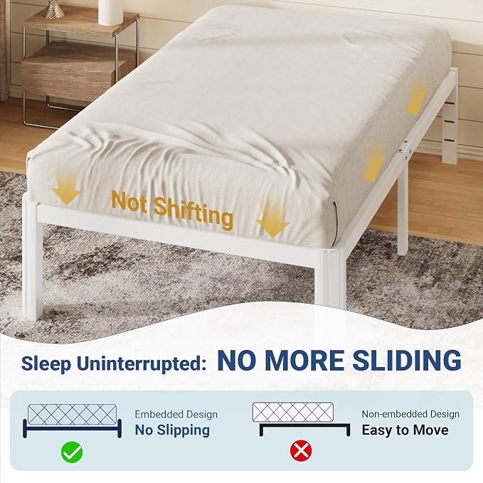 Allewie Metal Twin Bed Frame, 14 Inch 3500LBS Heavy Duty Platform Bed with Rounded Corner & Under Bed Storage, No Box Spring Needed, Noise Free, Easy Assembly, White