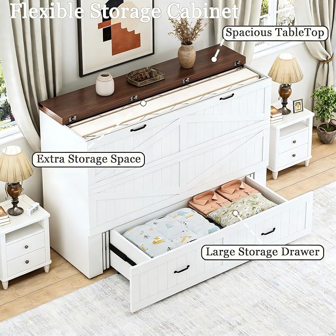 Full Murphy Bed with Charging Station, Farmhouse Noisy-Free Foldable Cabinet Bed Frame with Storage Drawer, Space Saving Hideaway Wall Bed for Guest Bedroom, Living Room, Office, White