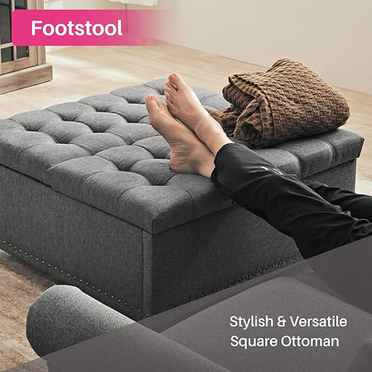 Redlife 35 Inch Large Square Storage Ottoman, Storage Ottoman Coffee Table with Lift Top Linen Ottomans Bench Square Footrest Oversized Upholstered Coffee Table for Living Room Bedroom (Dark Grey)