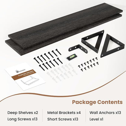 Axeman 36 Inch Floating Shelves | 8 Inch Deep Black Wall Shelves Set of 2 | 36''W x 8''D Rustic Black Wood Shelves for Bathroom Living Room Bedroom Kitchen
