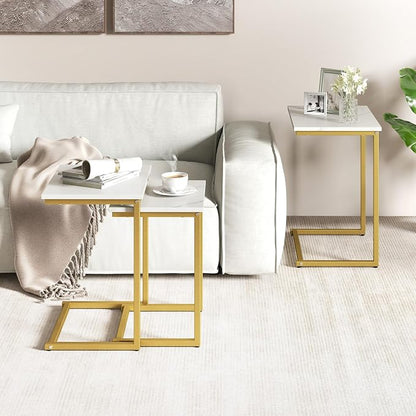 GOFLAME Nesting Coffee Tables Set of 3, Rectangular Nesting Center Table with Faux Marble Top & Metal Frame, Modern C-Shaped Nested Side Table Set for Living Room, Bedroom, Gold & White