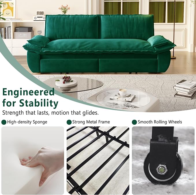 70.1" Sofa Bed Queen Size, Pull Out Couch Bed, 3-in-1 Convertible Sleeper Sofa with Cushion Armrest, Modern Velvet Futon Couch for Living Room, Small Space, Apartment, Bedroom, Green