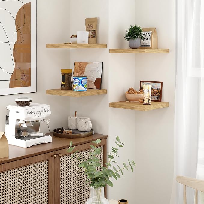 Fun Memories Square Floating Shelves for Wall - 12 Inch Deep Floating Shelves with Invisible Brackets, Oak Small Wall Shelf for Living Room, Bathroom, Bedroom, and Kitchen Decor Set of 4