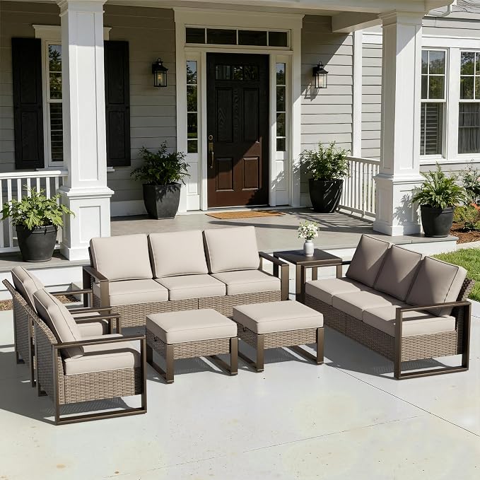 Joyside Outdoor Patio Chairs, 7 Pieces Wicker Rattan Furniture Set, 2 Patio Chairs, 2 Sofa, 2 Ottoman and 1 Table, Metal Wide Armrest, Thick Cushions and Deep Seating for Garden, Backyard, Porch