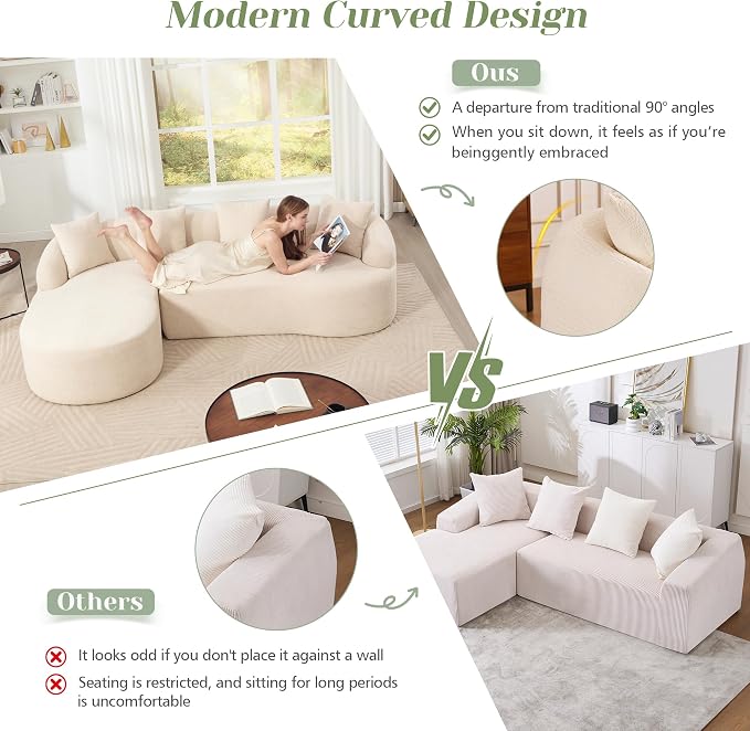 99" Curved Sofa with L-Shape Chaise,Modern Cloud Curved Couch with Deep Seat,No Assembly Required,Upholstered Oversized Couches for Living Room,Apartment (Beige, 99Inch)