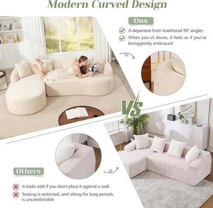 99" Curved Sofa with L-Shape Chaise,Modern Cloud Curved Couch with Deep Seat,No Assembly Required,Upholstered Oversized Couches for Living Room,Apartment (Beige, 99Inch)