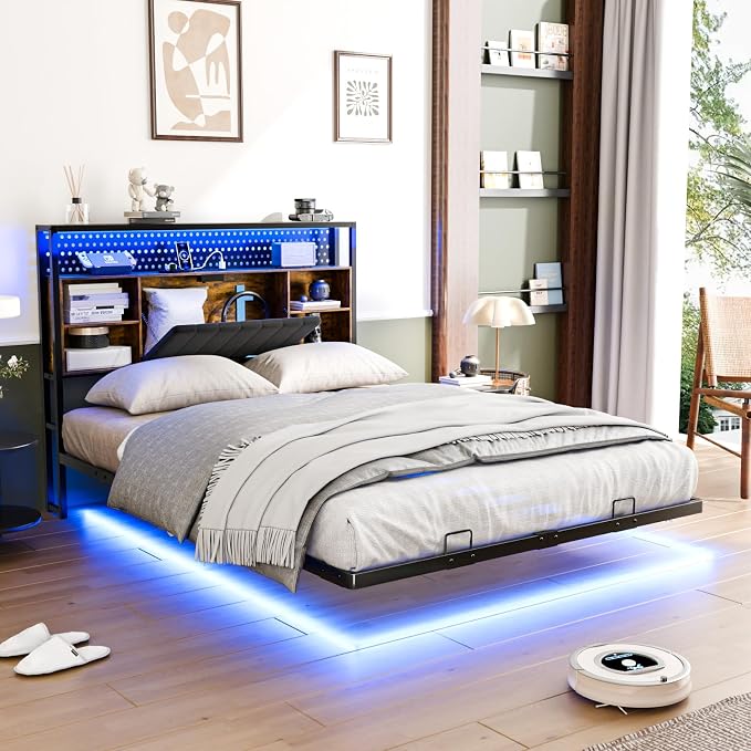 VINGLI Full Size Floating Bed Frame with Headboard, LED Lights & Charging Station, Cozy Velvet Upholstered Headboard, Hidden Storage, Heavy Duty Metal Frame, No Box Spring Needed, Easy Assembly, Black