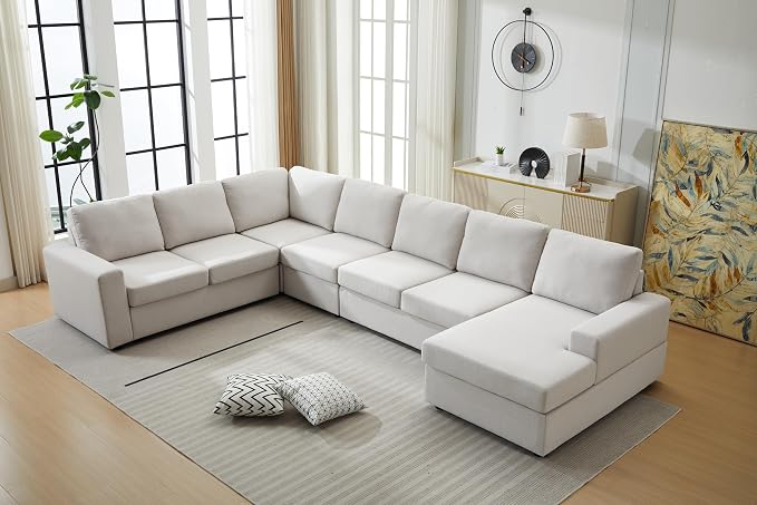 Ball & Cast 147" L-Shaped Sectional Couch for Living Room with Reversible Chaise & Removable Back Cushions,7 Seat Linen Upholstered Convertible Sectional Sofa Set,DIY Combination,for Home,Office,Beige