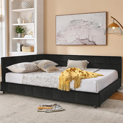 Bellemave Queen Size Corner Bed Frame with Comfortable Backrest and Armrests, Velvet Tufted Corner Bed Frame Queen Size, Upholstered Daybed for Bedroom, Living Room, Guest Room, Black
