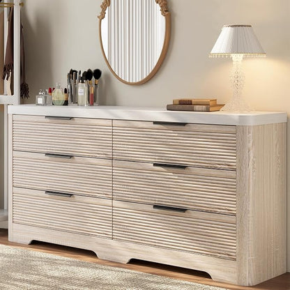 FUSUNBAO Fluted 6 Drawer Dresser, Modern Wood Dresser for Bedroom,TV Stand,Thickened Curved Profile Design,Bedroom,Entryway,Wood Drawer Organizer(Natural Oak)