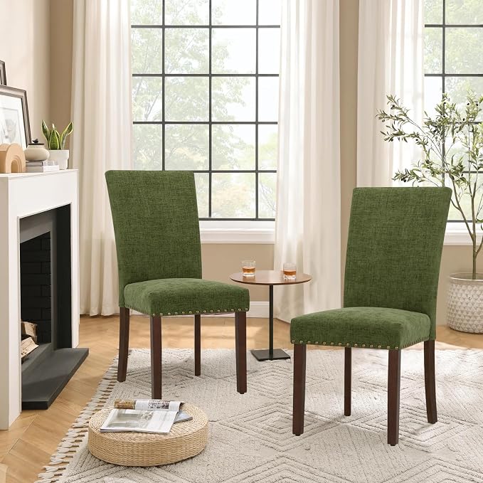 Parsons Dining Chairs Set of 4, Upholstered Nailhead Dining Room Kitchen Side Chair with Thick Cushions and Wood Legs, Green