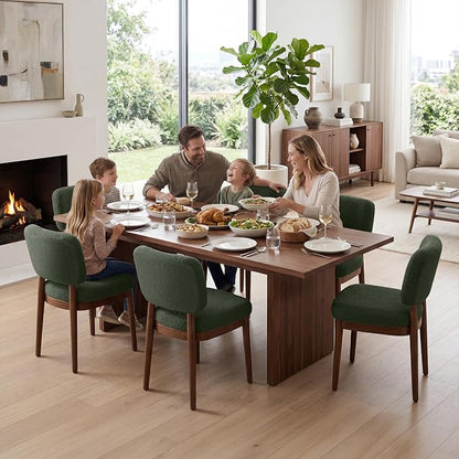 Wooden Dining Chairs Set of 6, Boucle Upholstered Kitchen Chairs with Solid Wood Legs, Mid Century Modern Dining Chairs, Farmhouse Side Chair with Hardwood Frame for Dining Room, Green