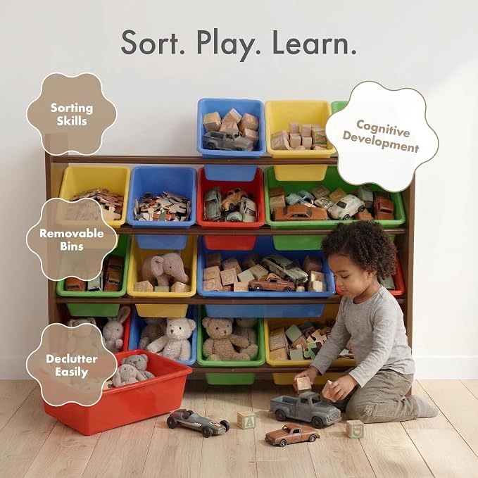 Humble Crew Toy Storage Organizer with 16 Removable Storage Bins for Kids Playroom, 4-Tier Toddler Toy Organization and Storage, Walnut/Primary