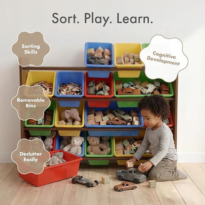 Humble Crew Toy Storage Organizer with 16 Removable Storage Bins for Kids Playroom, 4-Tier Toddler Toy Organization and Storage, Walnut/Primary