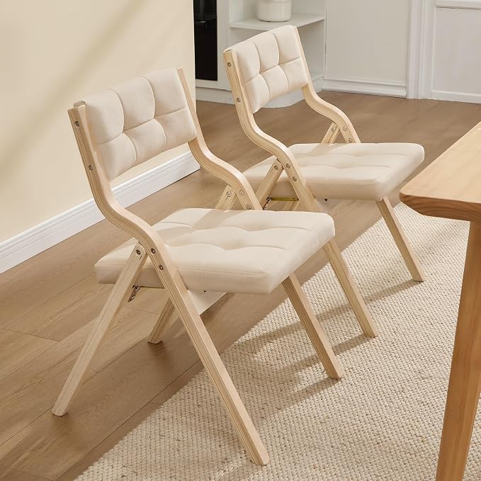 Folding Dining Chairs with Cushion Set of 6,Padded Foldable Dining Chairs,Portable Wooden Folding Chairs with Seat for Dining Rooms Kitchen Wedding Party Indoor Velvet Khaki