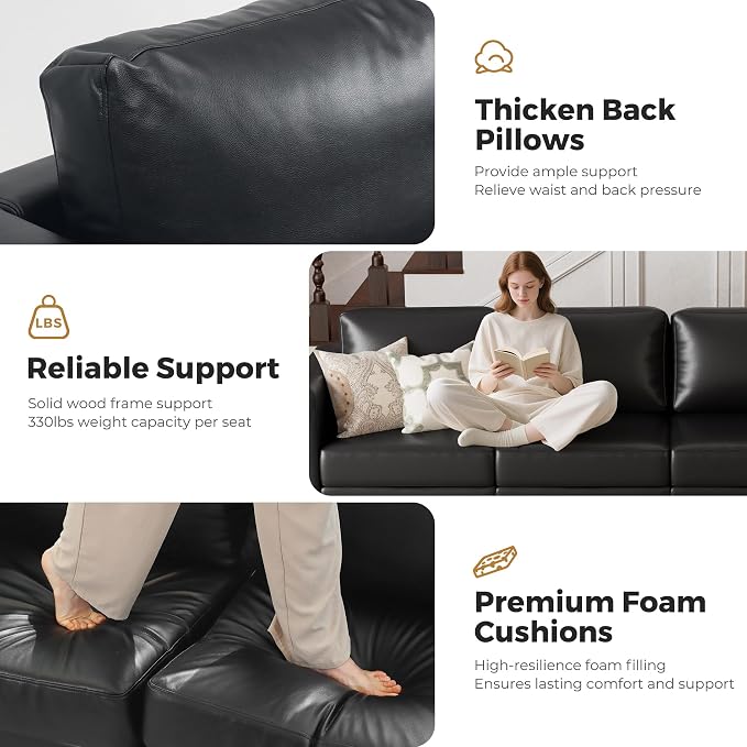 ABCASA Modular Sectional Loveseat Sofa Couch with Storage Seats, 3 Seater L Shaped Couch with Movable Ottoman for Small Spaces,Black