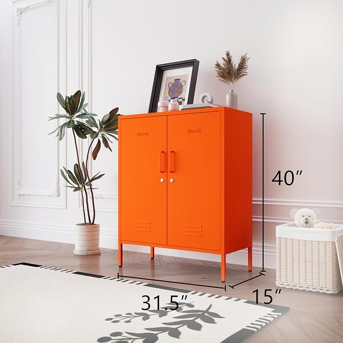 Orange 3 Tier Metal Storage Cabinet with Legs, Lockable 2 Door Metal Locker, Heavy Duty Multipurpose Accent Storage Cabinet with 2 Adjustable Shelves for Home, Office, Entryway and Hallway