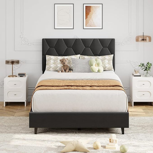 GAOMON Grey Twin XL Bed Frame with Upholstered Headboard, Heavy-Duty Platform Bed Frame with Strong Wood Slats, No Box Spring Needed/Noise Free/Easy Assembly
