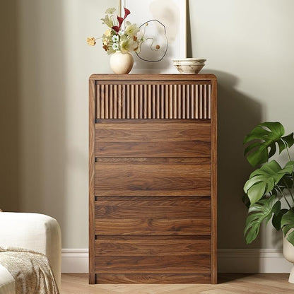 LYNSOM 5 Drawer Dresser for Bedroom, 48" Tall Fluted Dresser with Curved Corners, Wood Dressers & Chests of Drawers with Dual-Panel Design for Bedroom, Entryway, Walnut