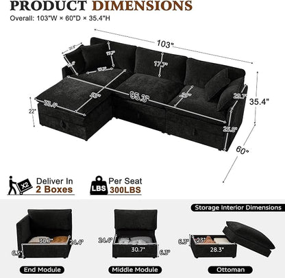 Ihanherry 103" Modular Sectional Sofa with Storage, L Shaped Cloud Couch with Movable Ottomans & 4 Pillows, Chenille Deep Seat Sectional Couches for Living Room, Apartment (Black)