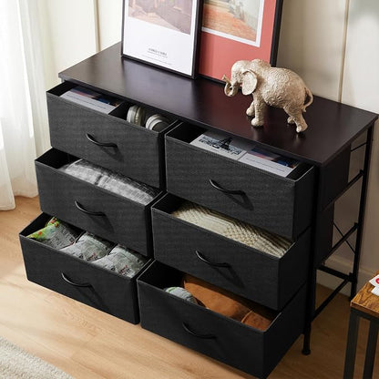 DUMOS 6 Drawer Dresser for Bedroom, Wide Storage Chest of Drawers Cabinet | Fabric Storage Organizer with Wooden Top, TV Stand for 43-50 Inch TV in Closet, Living Room, Black