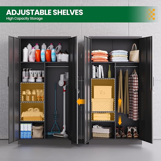 Broom Closet with Lock, Metal Storage Cabinet 36" Wide, 5-Tier Steel Utility Cabinet with Hanging Rod & Doors for Garage, Laundry Room, Warehouse Storage