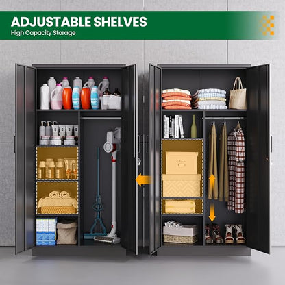 Broom Closet with Lock, Metal Storage Cabinet 36" Wide, 5-Tier Steel Utility Cabinet with Hanging Rod & Doors for Garage, Laundry Room, Warehouse Storage