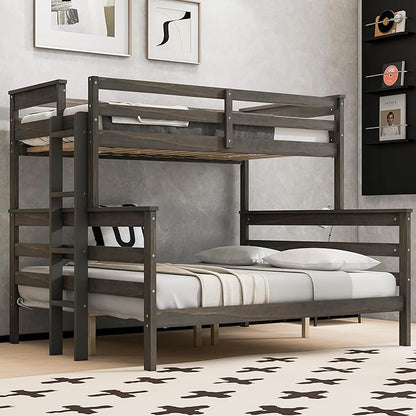Merax Twin XL Over Queen Bunk Bed, Wood Detachable Bunk Bed with Ladder & Full Length Gardrails for Adults, No Box Spring Needed,Space Saving, Gray