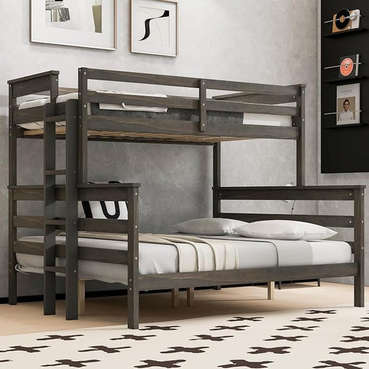Wood Bunk Bed Twin XL Over Queen Size, Detachable Design Bunk Bed Frame with Safety Guardrail, Ladder and Sturdy Slats Support (Grey-4.21)
