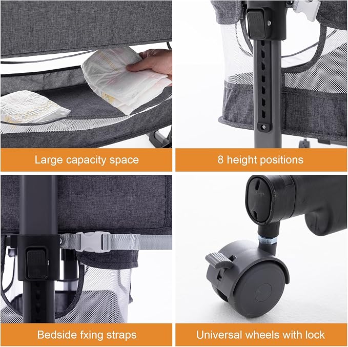 Soobaby 3 in 1 Baby Crib,Bassinet Bedside Crib Adjustable Portable Bed for Infant,Baby Newborn Must Have Bed,Grey