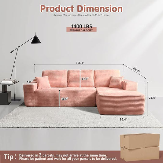 ovios 104" Cloud Boneless Couch with L-Shape Chaise,Modern Sectional Modular Sofa with Deep Seat, Upholstered Couches for Living Room Bedroom,No Assembly Required, Pink (Plush Corduroy Fabric)