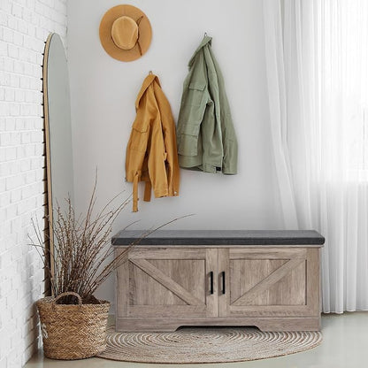 HOMSHO Farmhouse Shoe Storage Bench with 2 Barn Doors & Padded Seat Cushion | 39.4" Wide Entryway Bench with Adjustable Shelves & Hidden Storage, Greige