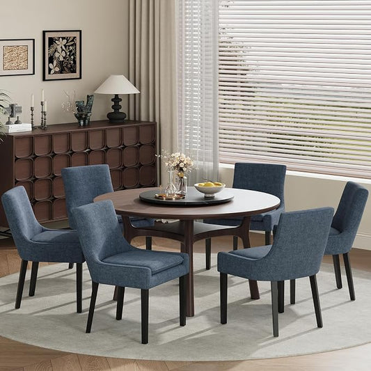 Modern Dining Room Chairs Set of 6 with Mid Back and Wood Legs, Upholstered Kitchen Chairs for Dining Room/Living Room, Blue