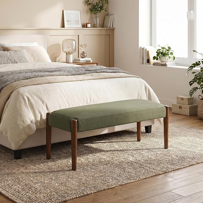 Usaint 42" End of Bed Bench, Modern Upholstered Bedroom Bench with Rubberwood Legs, Entryway Bench with Cushion, Dining Bench for Living Room, Bedroom, Dark Green with Walnut Leg