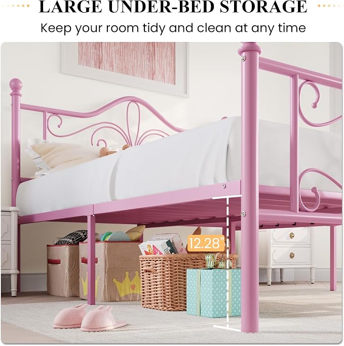 SHA CERLIN Full Size Bed Frame for Kids,Metal Bed Frame with Butterfly Pattern Design Headboard and Footboard,No Box Spring Needed,Easy Assembly,Pink