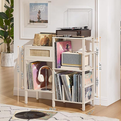LELELINKY Record Player Stand, White Cream Oak Wood Record Holder with Vinyl Storage Holds up to 300+ Albums, 3-Tier Rattan Media Table with Vinyl Display Shelf, Record Storage Cabinet for Living Room