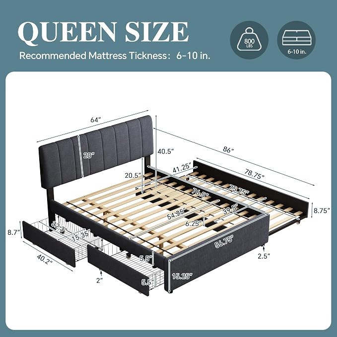 Queen Size Upholstered Platform Bed w/Trundle Bed & 2Storage Drawers | Twin Size Trundle,Two Drawers,LED Lighting Controlled by APP, USB+Type-C Charging Ports,Linen Upholstered Bed Frame,Dark Grey