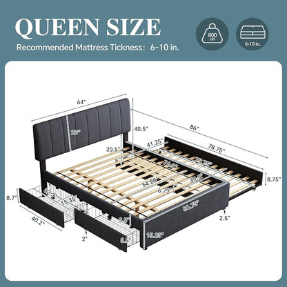 Queen Size Upholstered Platform Bed w/Trundle Bed & 2Storage Drawers | Twin Size Trundle,Two Drawers,LED Lighting Controlled by APP, USB+Type-C Charging Ports,Linen Upholstered Bed Frame,Dark Grey