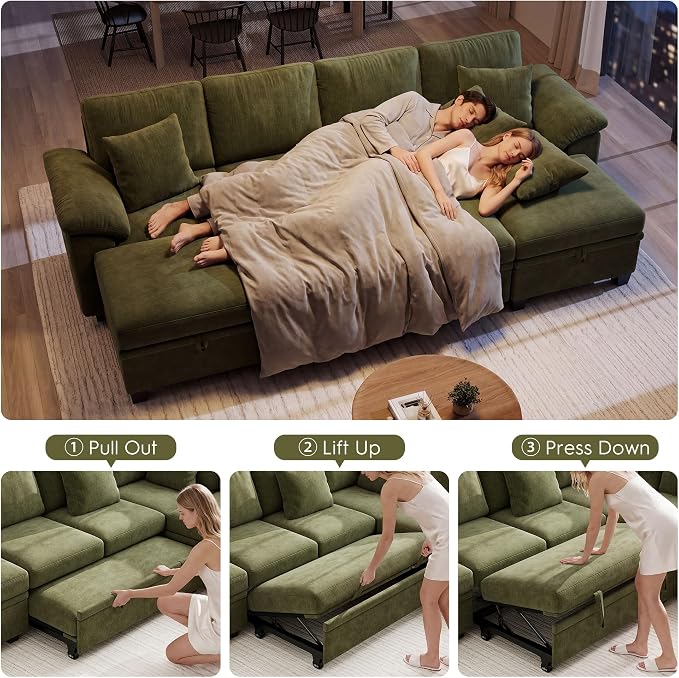 Ihanherry 108" Modular Sectional Sofa with Pull Out Bed, 6-Seater U Shaped Sectional Sleeper Couch with Storage Ottoman, Chenille Convertible Couches for Living Room, Apartment (Green)