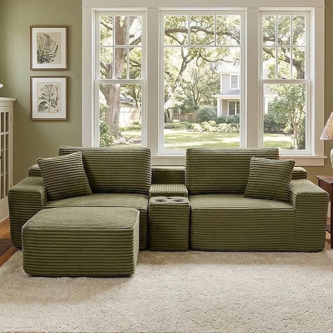 ivoros 111 Inch Modular Sectional Sofa Couch, Oversized Modern Cloud Couch for Living Room, L Shape Couches with Ottomans, USB Ports and Cup Holders, Green Corduroy Boneless Sofas, Sofa in a Box