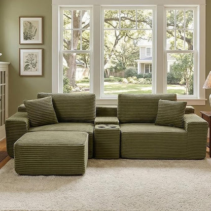 ivoros 111 Inch Modular Sectional Sofa Couch, Oversized Modern Cloud Couch for Living Room, L Shape Couches with Ottomans, USB Ports and Cup Holders, Green Corduroy Boneless Sofas, Sofa in a Box