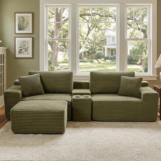 ivoros 111 Inch Modular Sectional Sofa Couch, Oversized Modern Cloud Couch for Living Room, L Shape Couches with Ottomans, USB Ports and Cup Holders, Green Corduroy Boneless Sofas, Sofa in a Box