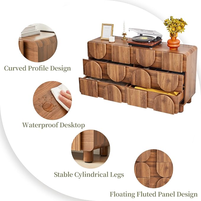 Fluted Dresser for Bedroom with 6 Drawers, 54" Wide Mid Century Modern Chest of Drawers , Wooden Curved Dresser TV Stand, Wood Closet Clothes Storage Organizer for Living Room, Hallway, Walnut