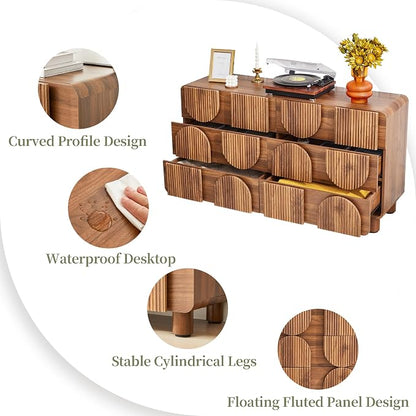 Fluted Dresser for Bedroom with 6 Drawers, 54" Wide Mid Century Modern Chest of Drawers , Wooden Curved Dresser TV Stand, Wood Closet Clothes Storage Organizer for Living Room, Hallway, Walnut