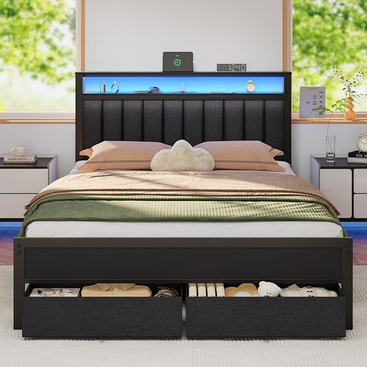 Furnulem Queen Bed Frame with Charging Station and LED Lights, Grey Upholstered Headboard with Shelves, Metal Platform Bed with 2 Under-Bed Storage (Fabric Drawer on Wheels), No Box Spring Needed