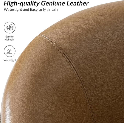 HULALA HOME Genuine Leather Swivel Barrel Chair, Round Swivel Accent Chair with Solid Wood Base, No Assembly Required, Camel