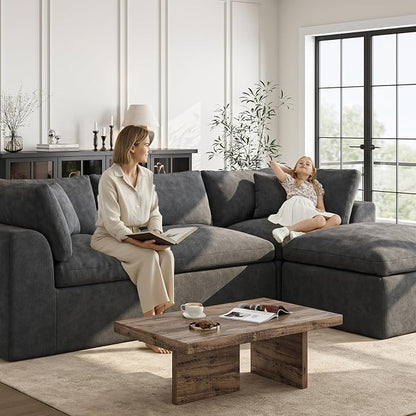 Cloud Sectional Couches for Living Room | 144 Inch U-Shaped Boneless Couch with Ottoman | Dark Grey Modular Sectionals Sofa Couch