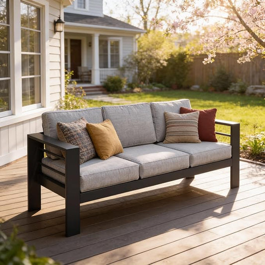 Kiss the Water 3 Seats Aluminum Outdoor Patio Sofa Set, All Weather Rust-Proof Metal Patio Couch, Modern Outdoor Furniture for Backyard Porch Garden, 5" Thick Waterproof Olefin Cushions, Light Grey