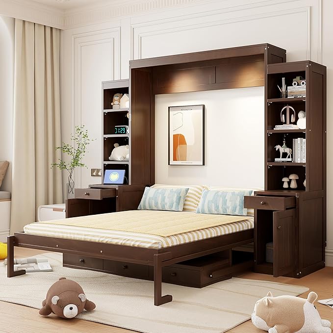 Merax Queen Size Murphy Bed with Desk and LED Lights, Power Outlet, Foldable Murphy Cabinet Bed with Open Storage Shelves & Drawers, Wood Space-Saving Hidden Wall Bed for Guest Room, Dark-Brown