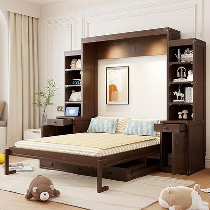 Merax Queen Size Murphy Bed with Desk and LED Lights, Power Outlet, Foldable Murphy Cabinet Bed with Open Storage Shelves & Drawers, Wood Space-Saving Hidden Wall Bed for Guest Room, Dark-Brown